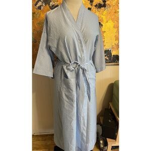 Vintage Pierre Cardin Unisex Blue Gingham Light Cotton kimono Robe W/Belt Size M